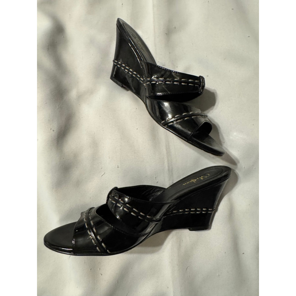 Cole Haan Black Patent Wedge Sandals with White Stitching Size 8.5 - Picture 4 of 5
